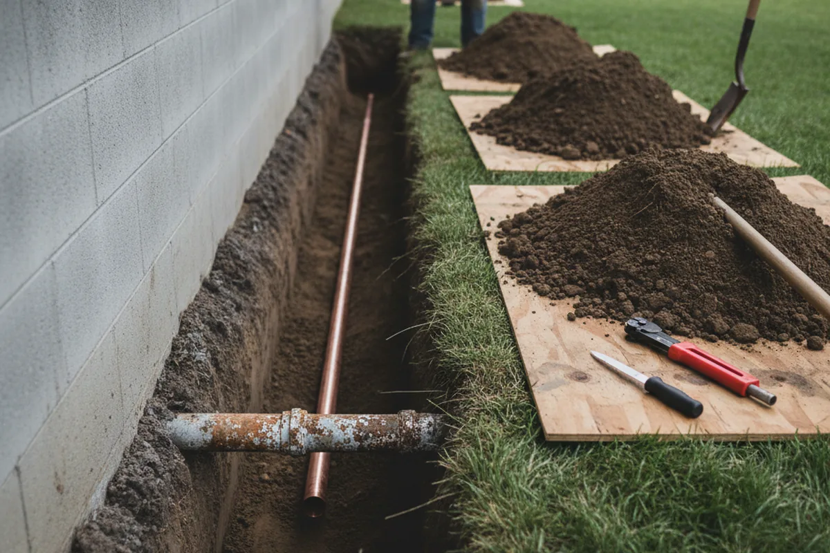 Excavated water line trench during Water Softener Installation in La Rose